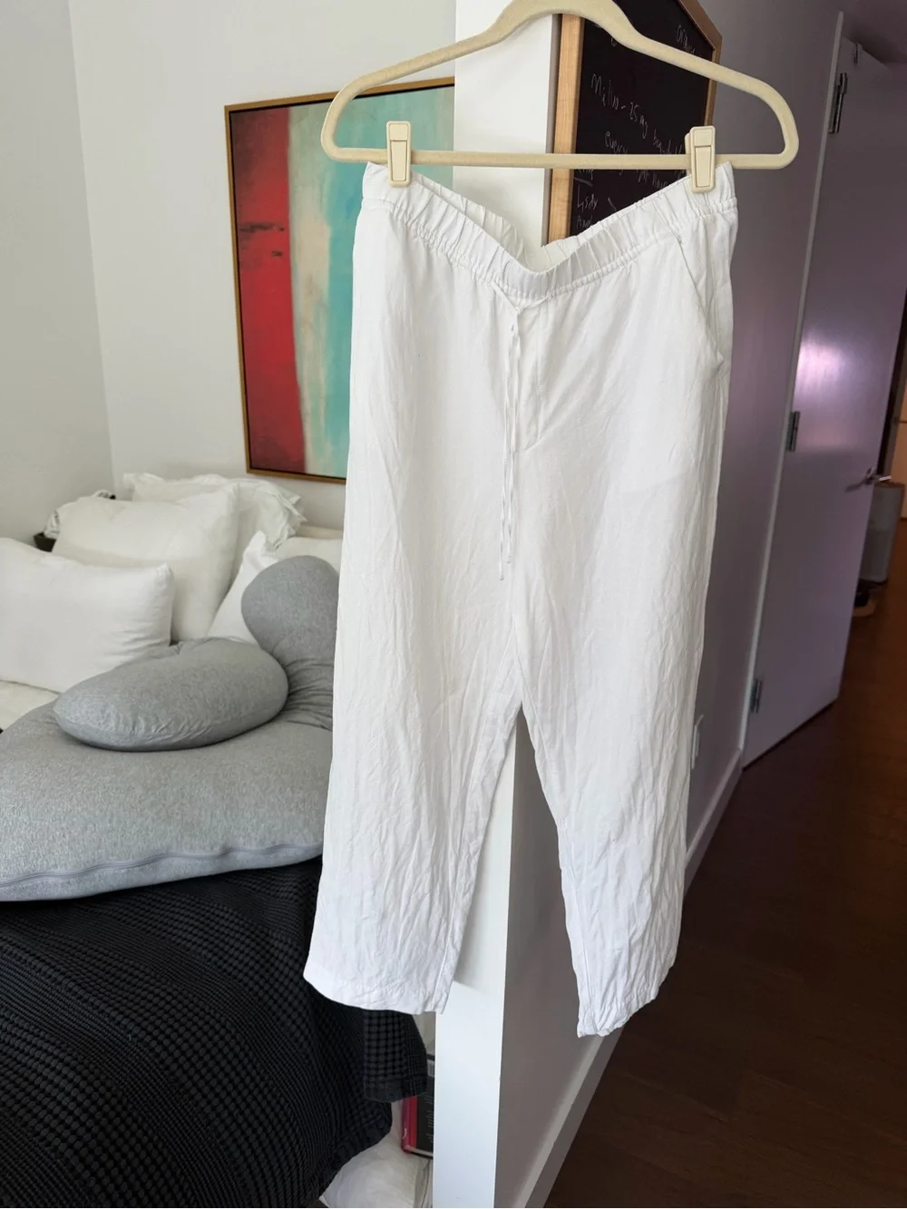 H&M White Linen Pants Cropped Elastic-Waist Tapered Classic Fit